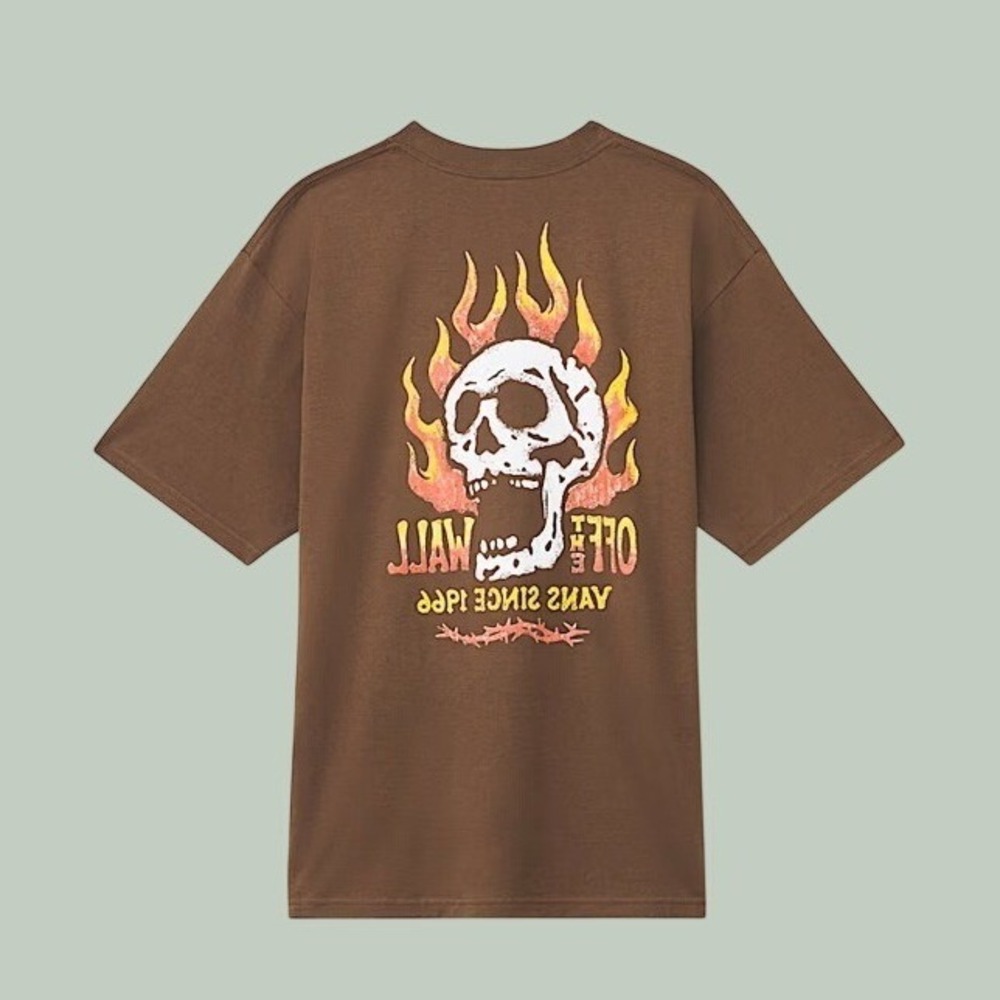 Vans Brown Loose Fit Off The Wall Flaming Skull Graphic Tee Men's Size XL NEW
